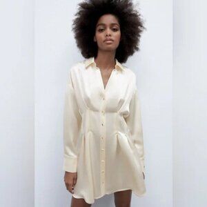 Zara Satin Effect Gold Button Down Shirt Dress Ecru White Size Small